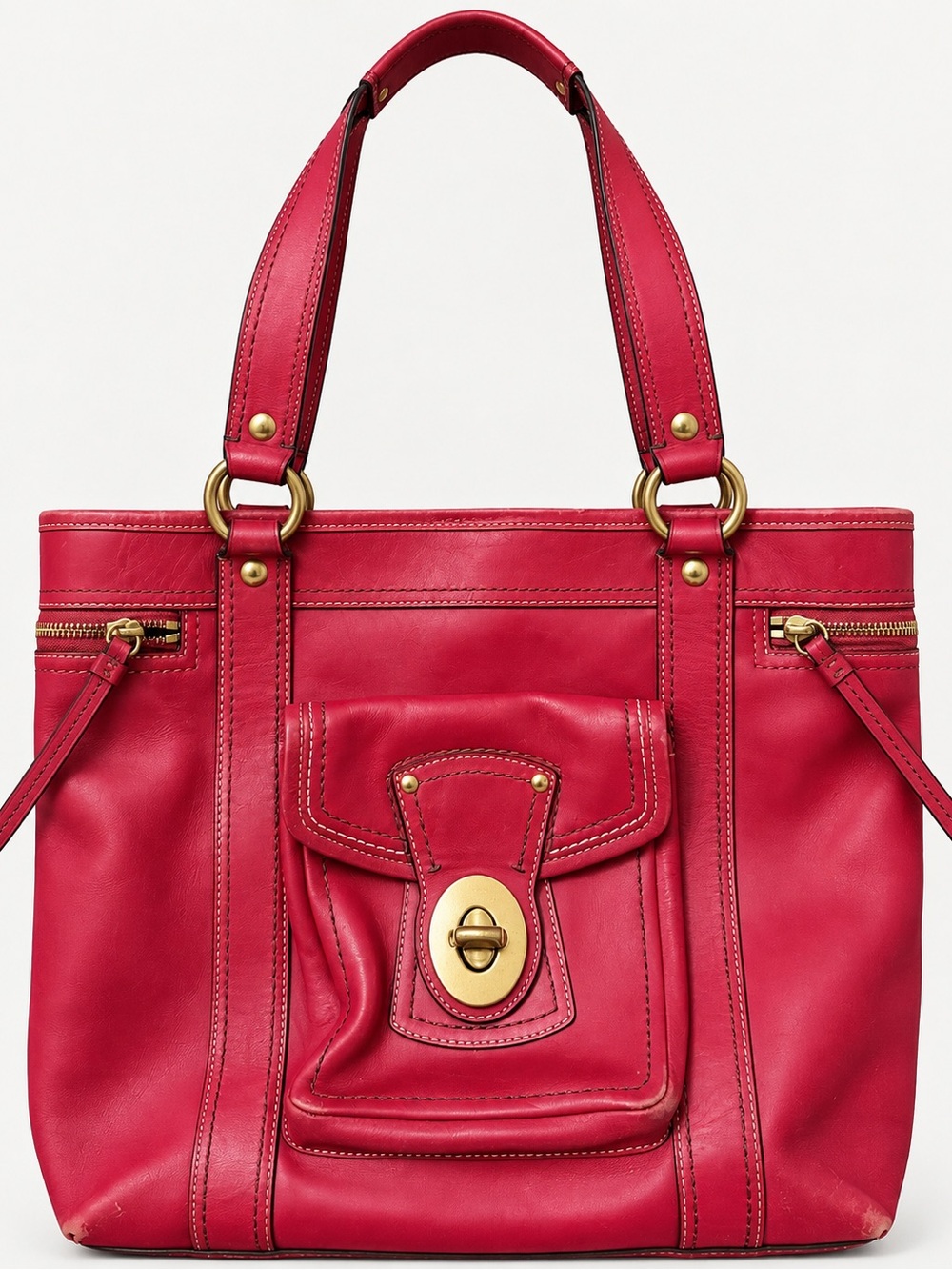 Coach Pink Leather Shoulder Bag with Front Pocket and Gold Hardware